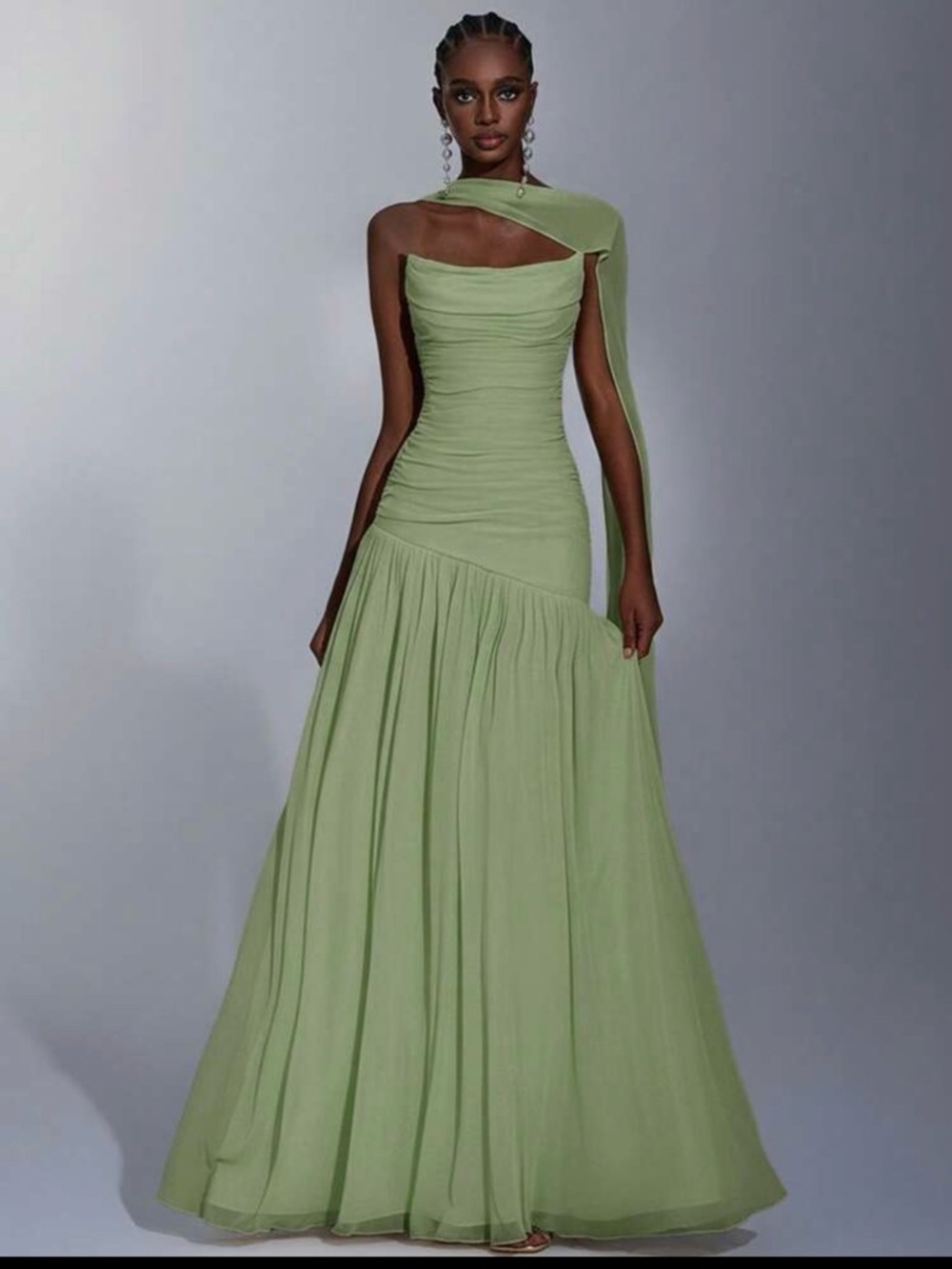 Elegant Sage Green One-Shoulder Evening Gown